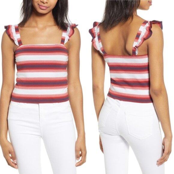 bp Tops - BP Red White Blue Stripe Ruffle Crop Tank Top Women's XXS L XL